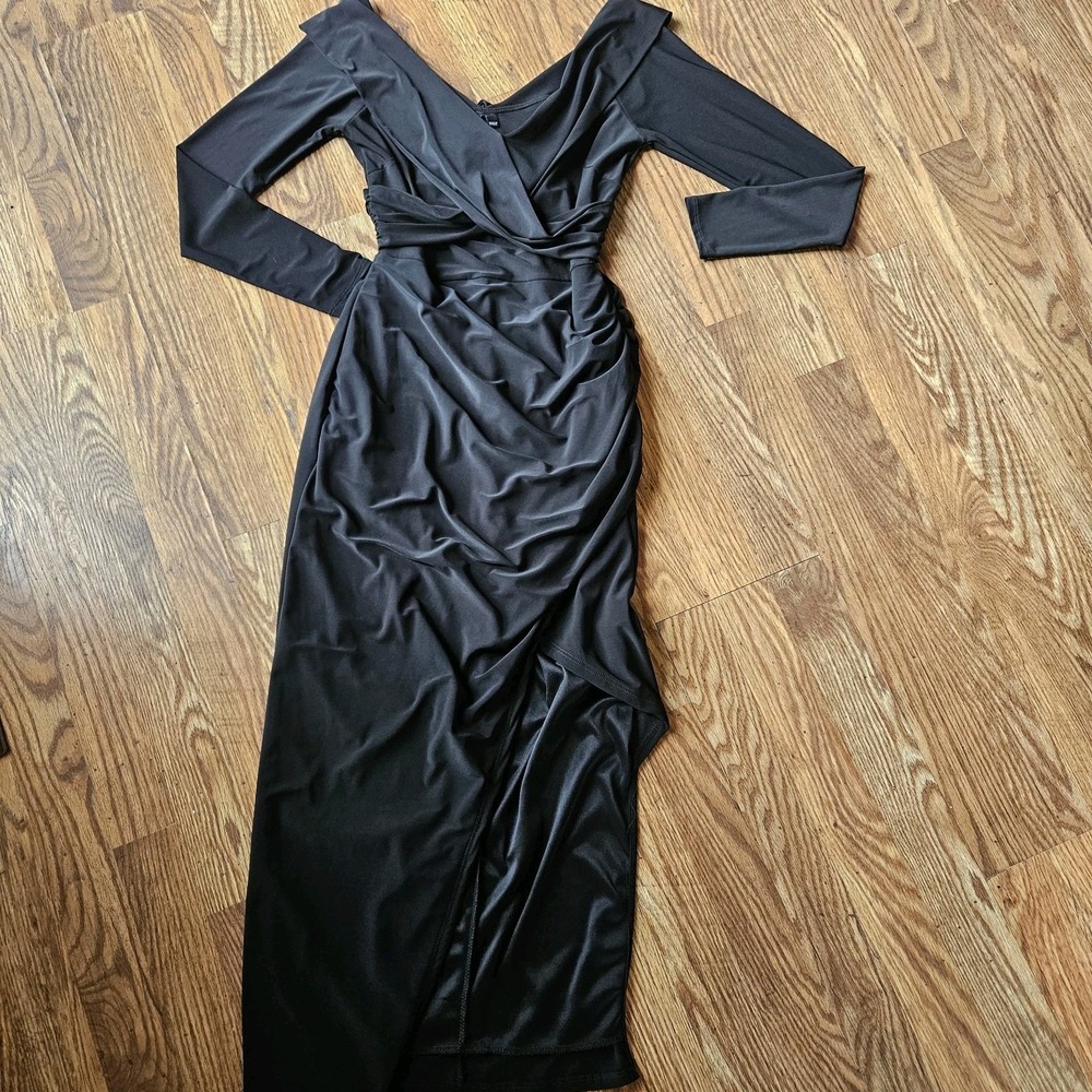 New L Windsor Black Dress Bodycon Ruched Bust Party Cocktail Slit Long Sleeve